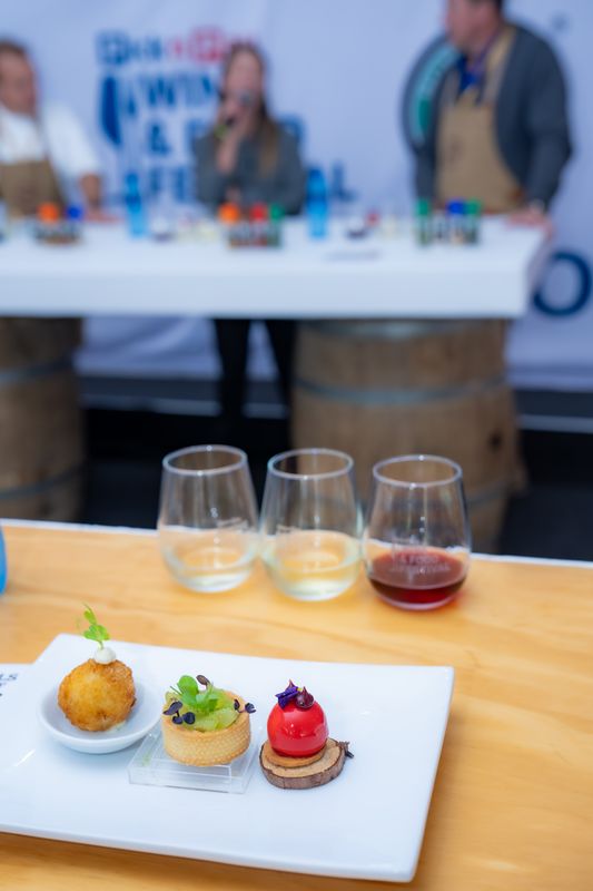 A Wine Pairing Master Class canapé plate with a flight of three wines